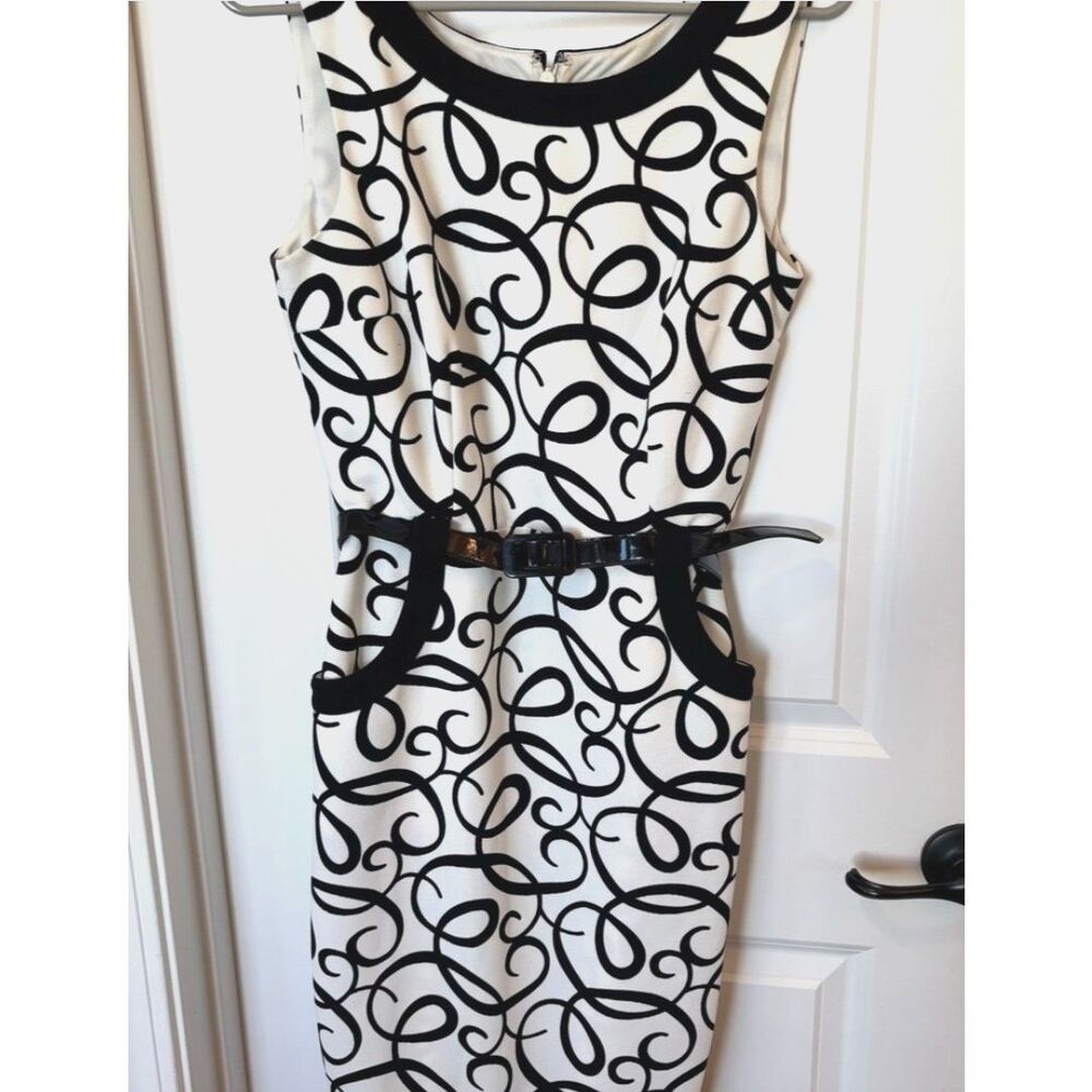 London Times Sleeveless Dress Womens Size 8 Sheath Belt Pockets Black White Work